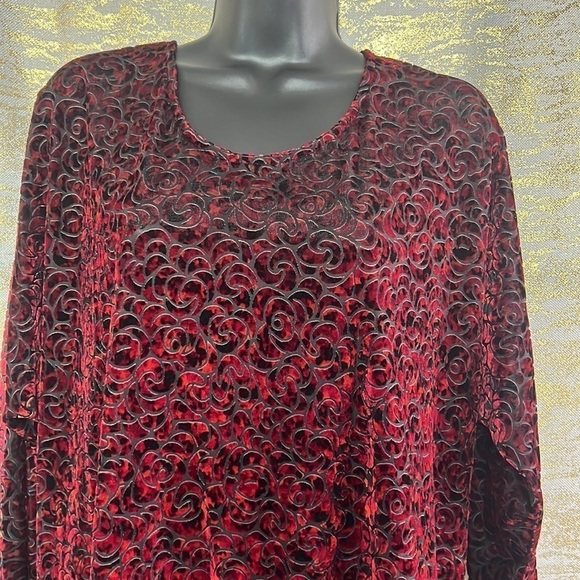 Tanjay Red/Black Velvet Burnout Detail Long Sleeve Blouse Size L - Picture 3 of 11
